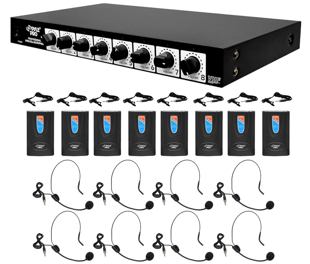 Pyle Rack Mount 8 Channel Wireless 8 Headsets & 8 Lavalier Microphone System 