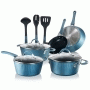 Pyle - NCCW11BL , Kitchen & Cooking , Cookware & Bakeware , Kitchenware Pots & Pans Set - Stylish Kitchen Cookware with Elegant Lines Pattern, Non-Stick (11-Piece Set)