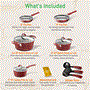 Pyle - NCCW11RDL , Kitchen & Cooking , Cookware & Bakeware , Kitchenware Pots & Pans - Stylish Kitchen Cookware Set with Elegant Lines Pattern, Gray Inside & Red Outside, Non-Stick, Metal + Silicone Handle (11-Piece Set)