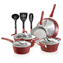 Pyle - NCCW11RDL , Kitchen & Cooking , Cookware & Bakeware , Kitchenware Pots & Pans - Stylish Kitchen Cookware Set with Elegant Lines Pattern, Gray Inside & Red Outside, Non-Stick, Metal + Silicone Handle (11-Piece Set)