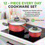 Pyle - NCCW12RED , Kitchen & Cooking , Cookware & Bakeware , Kitchenware Pots & Pans Set - Stylish Kitchen Cookware, Non-Stick Coating Inside & Outside + Heat resistant Lacquer Outside, Dark Gray Inside and Red Outside (12-Piece Set)