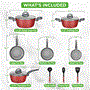 Pyle - NCCW12RED , Kitchen & Cooking , Cookware & Bakeware , Kitchenware Pots & Pans Set - Stylish Kitchen Cookware, Non-Stick Coating Inside & Outside + Heat resistant Lacquer Outside, Dark Gray Inside and Red Outside (12-Piece Set)