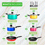 Pyle - NCCWCOR15 , Kitchen & Cooking , Cookware & Bakeware , Kitchenware Pots & Pans Set - Colorful Kitchen Cookware, Black Non-Stick Coating Inside, Heat Resistant Lacquer and Mixed Colors Outside (15-Piece Set)