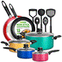 Pyle - NCCWCOR15 , Kitchen & Cooking , Cookware & Bakeware , Kitchenware Pots & Pans Set - Colorful Kitchen Cookware, Black Non-Stick Coating Inside, Heat Resistant Lacquer and Mixed Colors Outside (15-Piece Set)