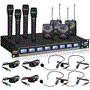 Pyle - PDWM8350 , Musical Instruments , Microphone Systems , Sound and Recording , Microphone Systems , 8-Ch. Wireless Microphone System, UHF Microphone Receiver Kit with (4) Handheld Mics & (4) Beltpack/Headset Mics, Rack Mount