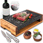 Pyle - PKLVST41 , Kitchen & Cooking , Kitchen Tools & Utensils , Natural Granite Stone Sizzling Steak Plate - Grilled Meat Food Presentation Serving Platter Set with Stainless Steel Knives