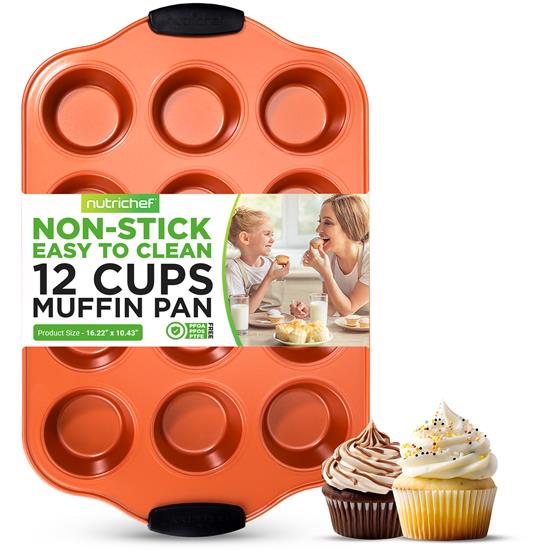 Pyle - BKNCSBS52MUFP , Kitchen & Cooking , Cookware & Bakeware , 12 Cup Muffin Pan - Nonstick Carbon Steel Bake Pan With Black Silicone Handles, Compatible with Models: NCSBS54S, NCSBS52S (Copper)