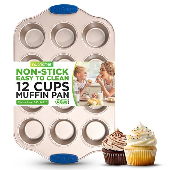 Pyle - BKNCSBSG78MUFP , Kitchen & Cooking , Cookware & Bakeware , 12 Cup Muffin Pan - Deluxe Nonstick Gold Coating Inside & Outside With Blue Silicone Handles,  Compatible with Models: NCSBSG78, NCSBSG60, NCSBSG36 (Gold)