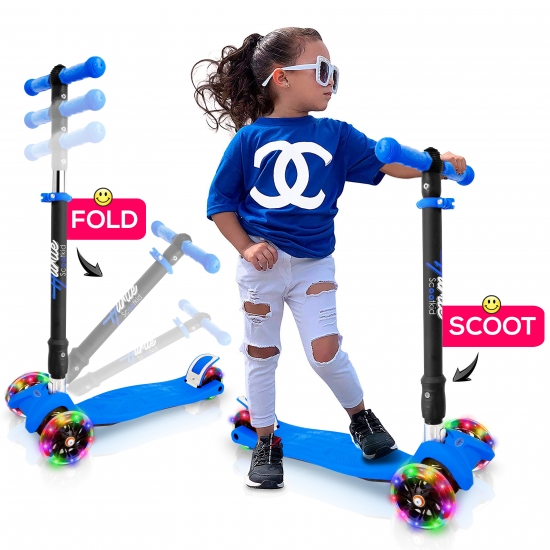 Pyle - HUFS88B , Sports and Outdoors , Kids Toy Scooters , ScootKid 4-Wheel Kids Scooter - Child & Toddler Toy Scooter with Built-in LED Wheel Lights, Portable Folding Style (Ages 5-12 Years)