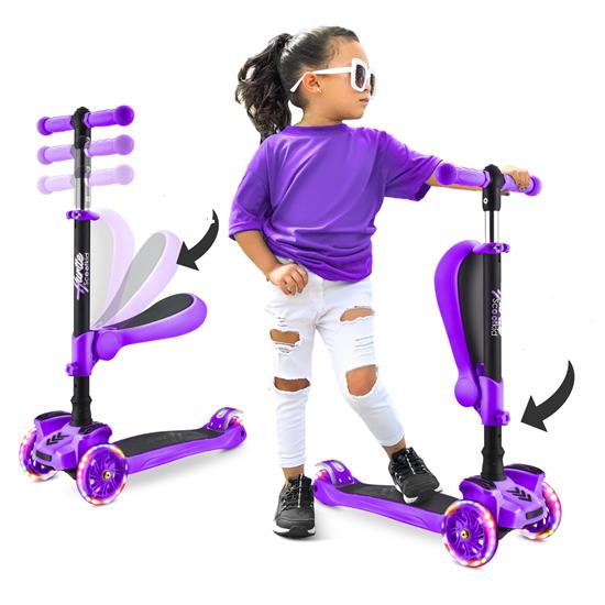 Pyle - HURFS42P , Sports and Outdoors , Kids Toy Scooters , ScootKid 3-Wheel Kids Scooter - Child & Toddler Toy Scooter with Built-in LED Wheel Lights, Fold-Out Comfort Seat (Ages 1+) (Purple)