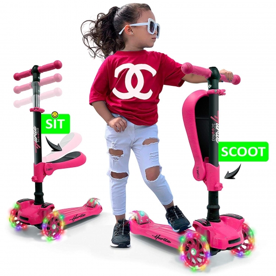 Pyle - HURFS66 , Sports and Outdoors , Kids Toy Scooters , ScootKid 3-Wheel Kids Scooter - Child & Toddler Toy Scooter with Built-in LED Wheel Lights, Fold-Out Comfort Seat (Ages 1+)