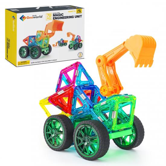 Pyle - HURMT70.5 , Home and Office , Deluxe Magnetic Building Blocks - Educational Magnet Tiles Kit with Car Accessories, Magnetic Construction Shapes, Safe and Durable Toy Set for Kids (70 pcs.)