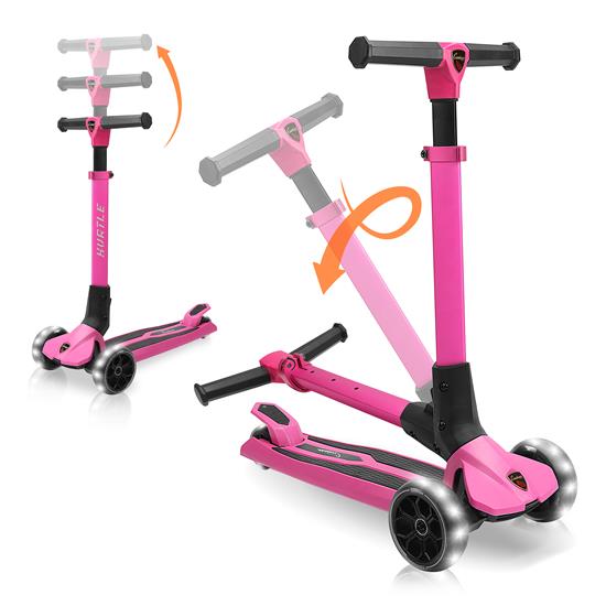 Pyle - HURXLPK , Sports and Outdoors , Kids Toy Scooters , 3-Wheel Foldable Kids Scooter - Child Toy Scooter with Built-in LED Wheel Lights, Easy Maneuvering Lean-to-Steer Technology (Pink)
