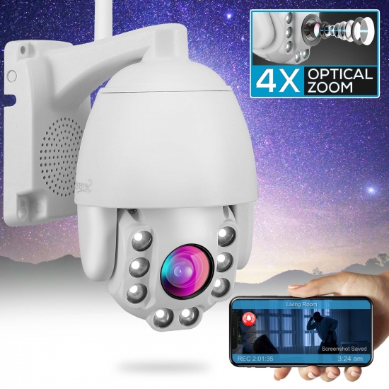 Pyle - IPCAMOD47 , Home and Office , Cameras - Videocameras , Outdoor IP PTZ Security Camera - 4x Optical Zoom and Starlight Night Vision - Home Surveillance Camera, Two-Way Audio and Supports WiFi Connection, Works with Alexa for Home/Office, etc.