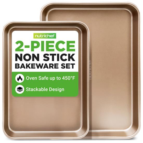 Pyle - NC2TRBK1.5 , Kitchen & Cooking , Kitchen Tools & Utensils , Nonstick Cookie Sheet Baking Pan | 2pc Large and Medium Metal Oven Baking Tray Sheet Set - Professional Quality Kitchen Cooking Non-Stick Bake Trays w/ Rimmed Borders, Guaranteed NOT to Warp - FDA approved.