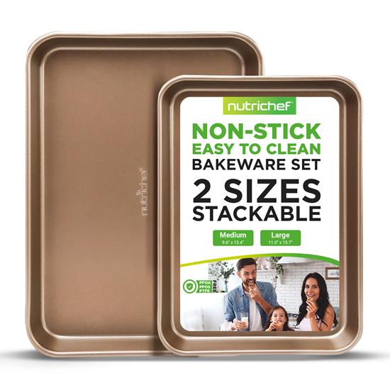 Pyle - NC2TRBK1 , Kitchen & Cooking , Kitchen Tools & Utensils , Nonstick Cookie Sheet Baking Pan | 2pc Large and Medium Metal Oven Baking Tray Sheet Set - Professional Quality Kitchen Cooking Non-Stick Bake Trays w/ Rimmed Borders, Guaranteed NOT to Warp - FDA approved.