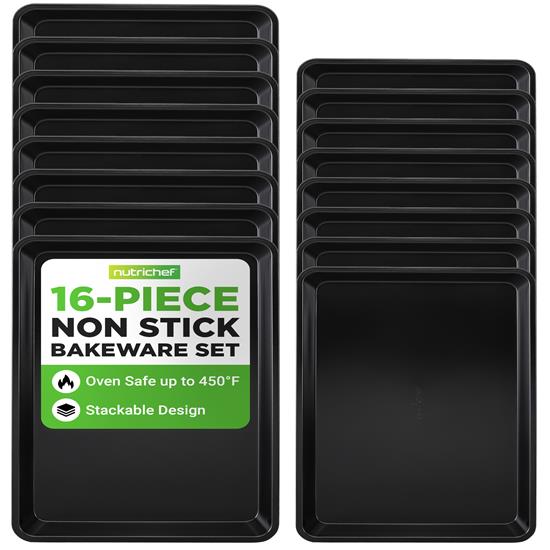 Pyle - NC2TRBLX8 , Kitchen & Cooking , Kitchen Tools & Utensils , 16-Piece Nonstick Cookie Sheet Baking Pan - Professional Quality Kitchen Cooking Non-Stick Bake Trays with Black Coating Inside & Outside