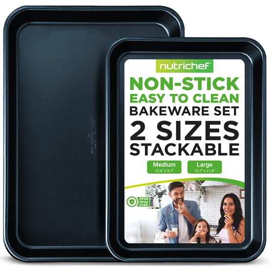 Pyle - NC2TRBU , Kitchen & Cooking , Kitchen Tools & Utensils , 2-Pc. Nonstick Cookie Sheet Baking Pan - Professional Quality Kitchen Cooking Non-Stick Bake Trays with Blue Diamond Coating Inside & Outside