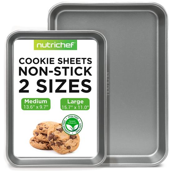 Pyle - NC2TRGY.5 , Kitchen & Cooking , Kitchen Tools & Utensils , 2-Pc. Nonstick Cookie Sheet Baking Pan - Professional Quality Kitchen Cooking Non-Stick Bake Trays with Gray Coating Inside & Outside