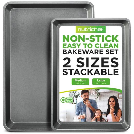 Pyle - NC2TRGY.5 , Kitchen & Cooking , Kitchen Tools & Utensils , 2-Pc. Nonstick Cookie Sheet Baking Pan - Professional Quality Kitchen Cooking Non-Stick Bake Trays with Gray Coating Inside & Outside