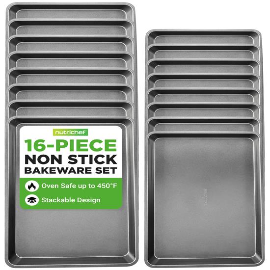 Pyle - NC2TRGYX8 , Kitchen & Cooking , Kitchen Tools & Utensils , 16-Piece Nonstick Cookie Sheet Baking Pan - Professional Quality Kitchen Cooking Non-Stick Bake Trays with Gray Coating Inside & Outside