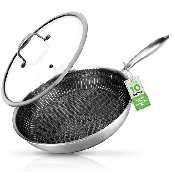 Pyle - NC3PL10 , Kitchen & Cooking , Cookware & Bakeware , 10'' Stir Fry Pan with Glass Lid - Triply Stainless Steel Cookware, DAKIN Etching Non-Stick Coating Inside and Outside