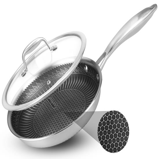 Pyle - NC3PL8 , Kitchen & Cooking , Cookware & Bakeware , 8'' Stir Fry Pan with Glass Lid - Triply Stainless Steel Cookware, DAKIN Etching Non-Stick Coating Inside and Outside