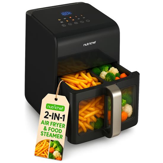 Pyle - NCAF60T01 , Kitchen & Cooking , Air Fryers , 6L Digital Air Fryer with Silver Handle - Customized Digital Display Electric Oil Free Cooker with Transparent Window (Black)