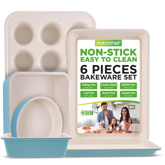 Pyle - NCBK6CT5 , Kitchen & Cooking , Kitchen Tools & Utensils , Kitchen Oven Baking Pans - Deluxe Non-Stick Bake Tray Sheet Bakeware Set, Ceramic Style (6-Pieces)