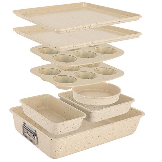 Pyle - NCBKSTK11 , Kitchen & Cooking , Cookware & Bakeware , 8pcs. Stackable Carbon Steel Bakeware Pan Set - Non-Stick Coating, Bake Tray Sheet and Bakeware Set (Marble Cream)