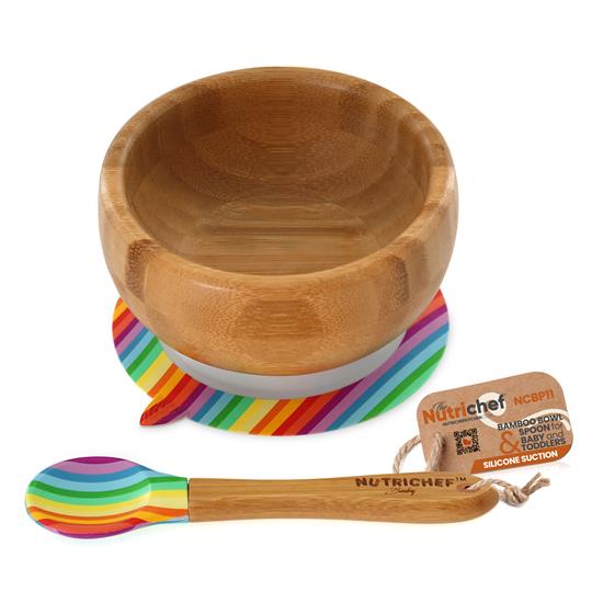 Pyle - NCBP11 , Baby , Rainbow Bamboo Bowl with Silicone Suction and Spoon for Baby and Toddlers