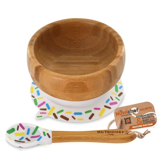 Pyle - NCBP13.5 , Baby , Sparkle Bamboo Bowl with Silicone Suction and Spoon for Baby and Toddlers