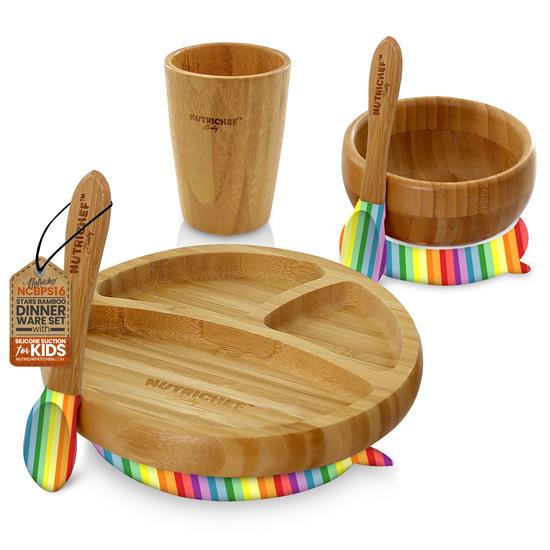 Pyle - NCBPS16.5 , Baby , Rainbow Bamboo Dinnerware Set with Silicone Suction for Kids