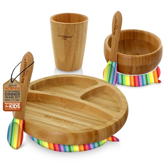 Pyle - NCBPS16 , Baby , Rainbow Bamboo Dinnerware Set with Silicone Suction for Kids