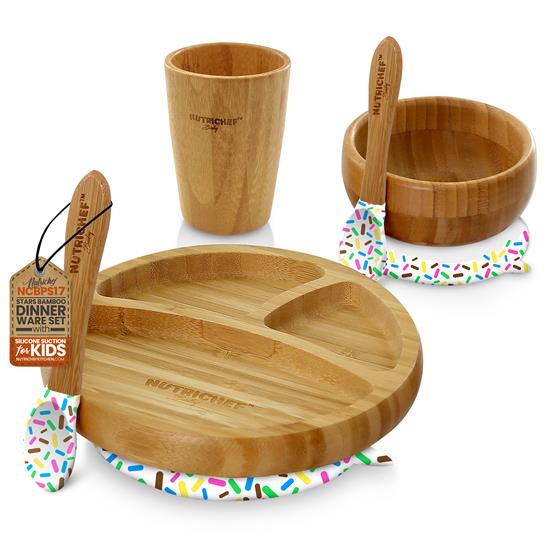 Pyle - NCBPS17.5 , Baby , Sparkle Bamboo Dinnerware Set with Silicone Suction for Kids