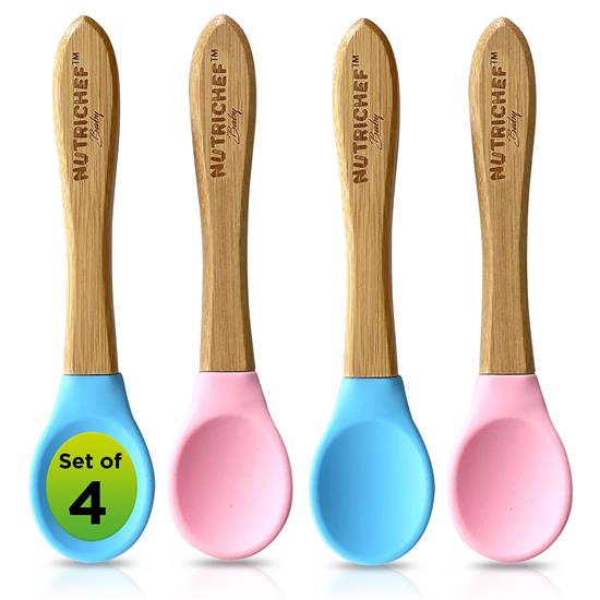 Pyle - NCBPS22X2 , Baby , 4-Piece Bamboo Spoons with Silicone Head for Kids