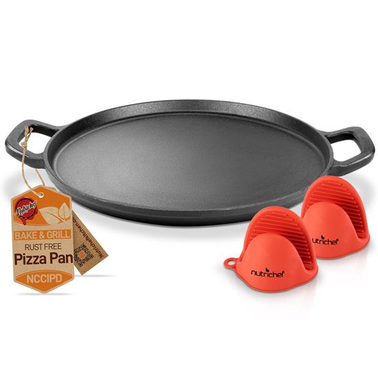 Pyle - NCCIPD , Kitchen & Cooking , Kitchen Tools & Utensils , 14'' Cast Iron Pizza/Baking Pan - Steel Pizza Cooker with Easy Grip Handles, Deep Stone for Oven or Griddle for Gas, Induction, Grilling, & Oven, Includes 2 Silicone Handles
