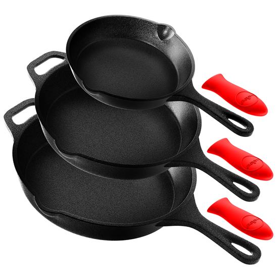 Pyle - NCCIPS3P49 , Kitchen & Cooking , Cookware & Bakeware , Kitchen Skillet Pans - Pre-Seasoned Iron Skillet Cooking Pan Set with Cool Touch Comfort Handles (3 Pcs.)