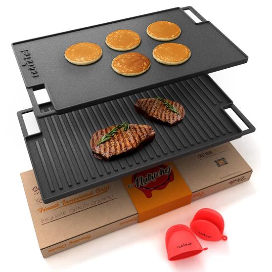 Pyle - NCCIRG59 , Kitchen & Cooking , Cookware & Bakeware , Kitchen Flat Grill Plate Pan - Reversible Cast Iron Griddle / Grilling Pan with Heat-Resistant Oven Grab Mitt