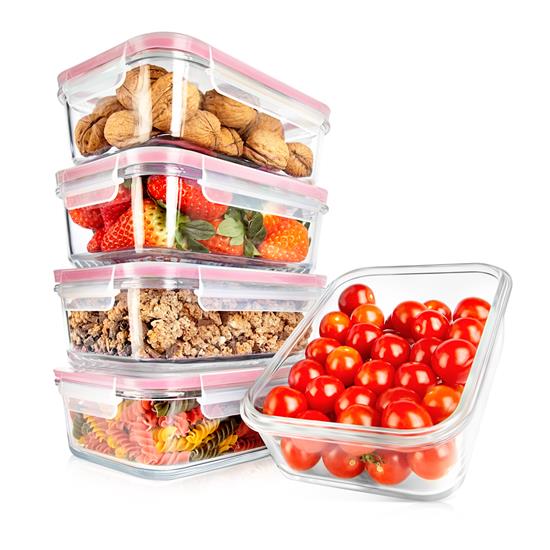 Pyle - NCCLX5R9 , Home and Office , Storage - Organization , 10-Piece Superior Glass Food Storage Containers Set - Stackable Design, Newly BPA-free Airtight Clear Locking lids with Vent Lids & Red Air Hole