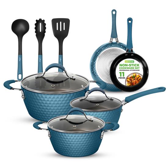 Pyle - NCCW11BD.7 , Kitchen & Cooking , Cookware & Bakeware , Kitchenware Pots & Pans Set - Stylish Kitchen Cookware with Elegant Diamond Pattern, Non-Stick (11-Piece Set)