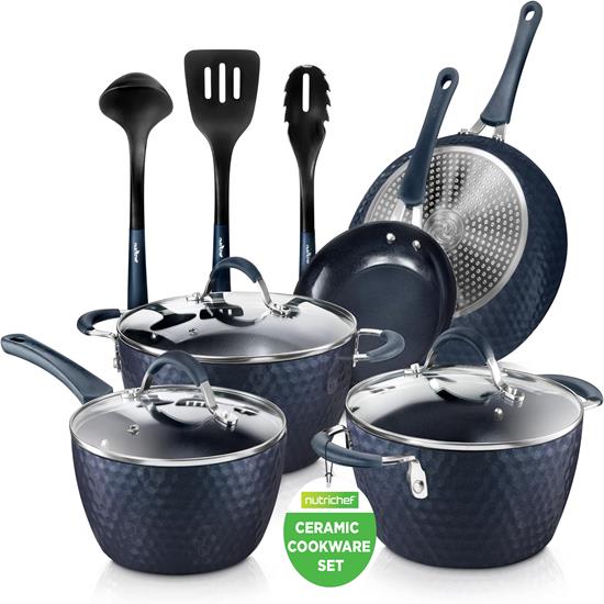 Pyle - NCCW11DS , Kitchen & Cooking , Cookware & Bakeware , Kitchenware Pots & Pans - Stylish Kitchen Cookware Set with Elegant Diamond Pattern, Non-Stick (11-Piece Set)