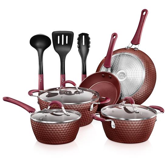 Pyle - NCCW11PUR , Kitchen & Cooking , Cookware & Bakeware , Kitchenware Pots & Pans Set - Stylish Kitchen Cookware with Elegant Diamond Pattern, Ceramic Inside & Heat-Resistant Lacquer Outside, Non-Stick, Metal + Silicone Handle (11-Piece Set)