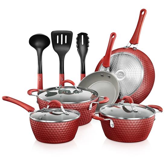 Pyle - NCCW11RDD , Kitchen & Cooking , Cookware & Bakeware , Kitchenware Pots & Pans - Stylish Kitchen Cookware Set with Elegant Diamond Pattern, Gray Inside & Red Outside, Non-Stick, Metal + Silicone Handle (11-Piece Set)