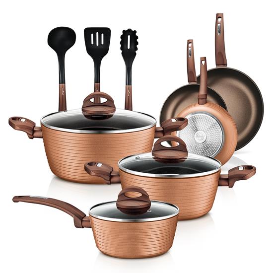 Pyle - NCCW12BRW , Kitchen & Cooking , Cookware & Bakeware , Kitchenware Pots & Pans Set - Stylish Kitchen Cookware, Non-Stick Coating Inside & Outside + Heat resistant Lacquer Outside, Coffee Inside and Brown Outside (12-Piece Set)