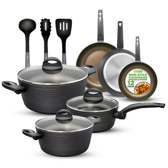 Pyle - NCCW12S , Kitchen & Cooking , Cookware & Bakeware , Kitchenware Pots & Pans - Stylish Kitchen Cookware Set with Stylish Metallic Ridge-Line Pattern, Non-Stick (12-Piece Set)