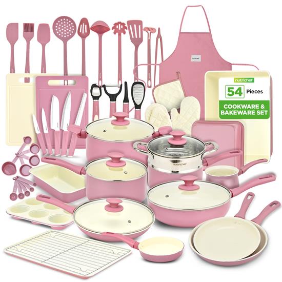 Pyle - NCCW54PNK , Kitchen & Cooking , Cookware & Bakeware , 54-Piece  Home Kitchen Cookware, Kitchen Tools, and Bakeware Set - High-Quality Ceramic Kitchenware Pots and Pans (Blush Pink)