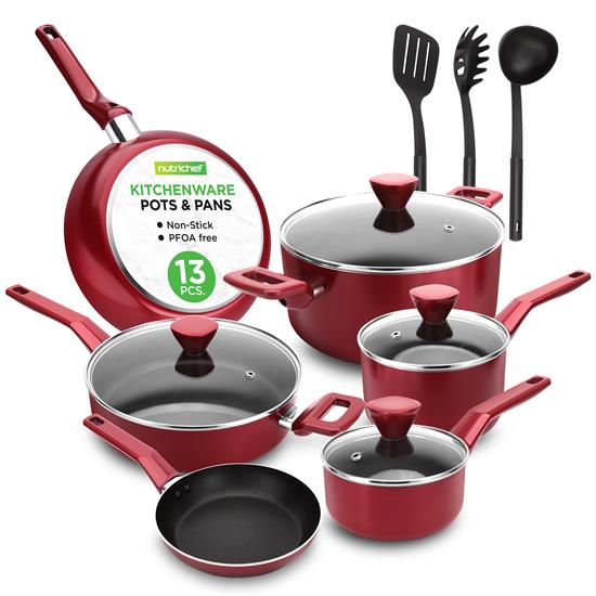 Pyle - NCCWA13RD.7 , Kitchen & Cooking , Cookware & Bakeware , Kitchenware Pots & Pans - Stylish Kitchen Cookware Set, Non-Stick (13-Piece Set)