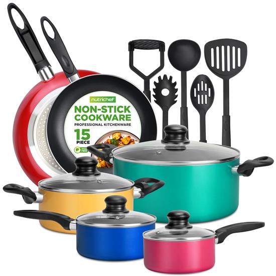 Pyle - NCCWCOR15 , Kitchen & Cooking , Cookware & Bakeware , Kitchenware Pots & Pans Set - Colorful Kitchen Cookware, Black Non-Stick Coating Inside, Heat Resistant Lacquer and Mixed Colors Outside (15-Piece Set)