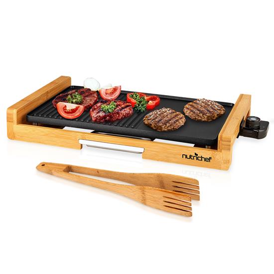 Pyle - NCEGB50.5 , Kitchen & Cooking , BBQ & Grilling , Household Smokeless Detachable Electric Bamboo Grill - Double U-shaped Heating Tube Electric Grill, Non-stick Cooking Surface & Adjustable Temperature Knob